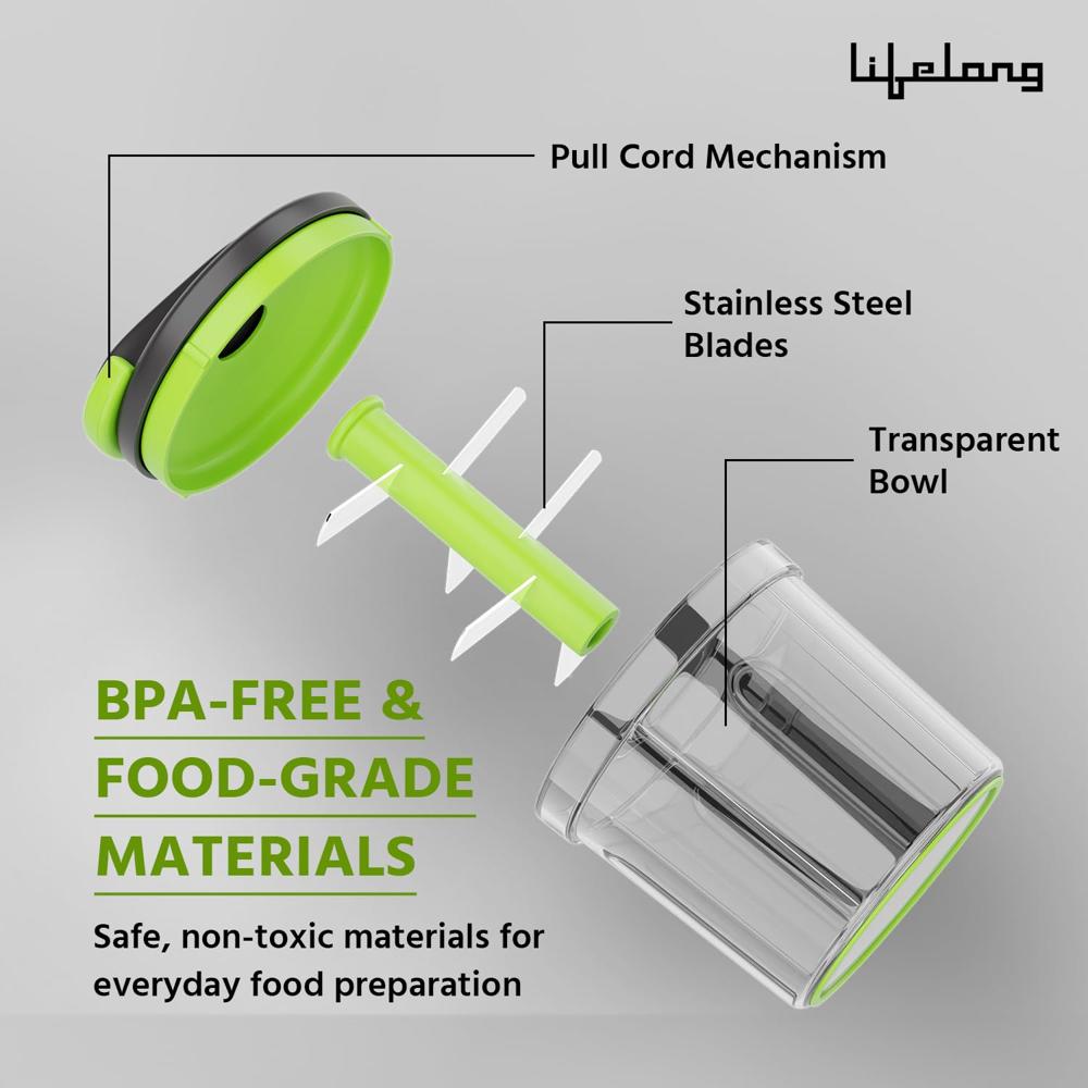 Lifelong 1000ml Pull Chopper | Manual Vegetable, Onion, and Garlic Cutter with Convenient Pull Cord, Efficient Kitchen Chopper