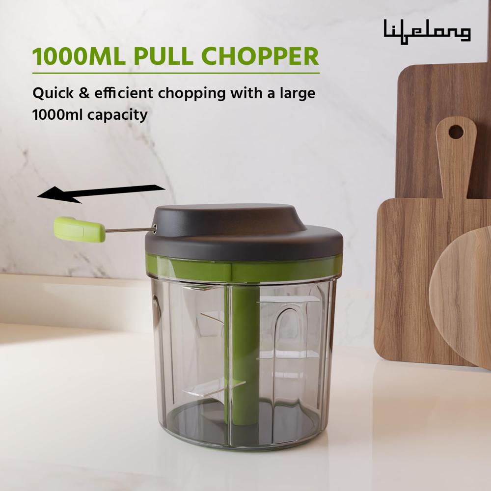 Lifelong 1000ml Pull Chopper | Manual Vegetable, Onion, and Garlic Cutter with Convenient Pull Cord, Efficient Kitchen Chopper