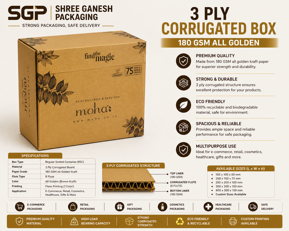 3 Ply Corrugated Box 180 Gsm All Golden