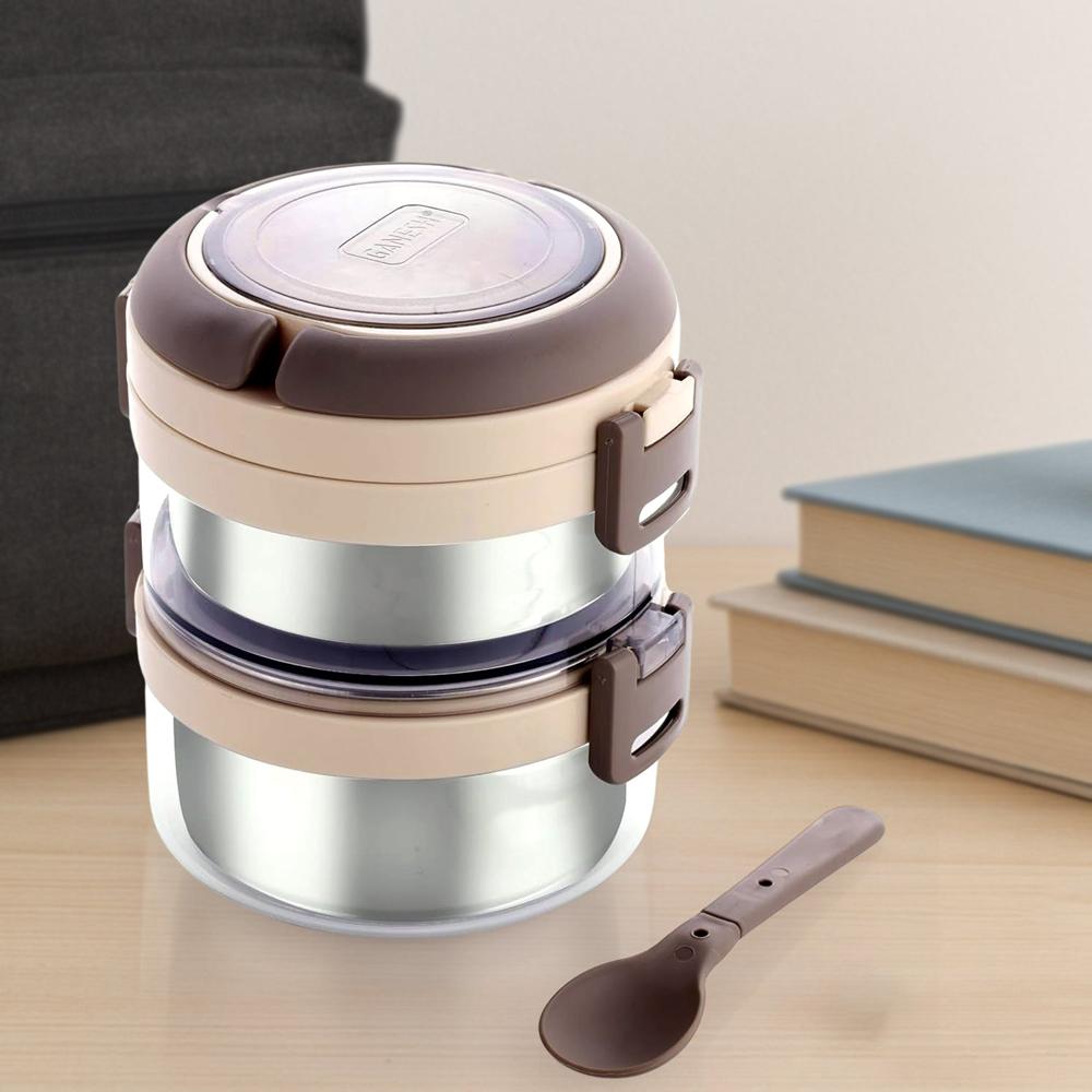 Ganesh Steko-2 Double Layer Stainless Steel Insulated Lunch Box Set - Color: Mix