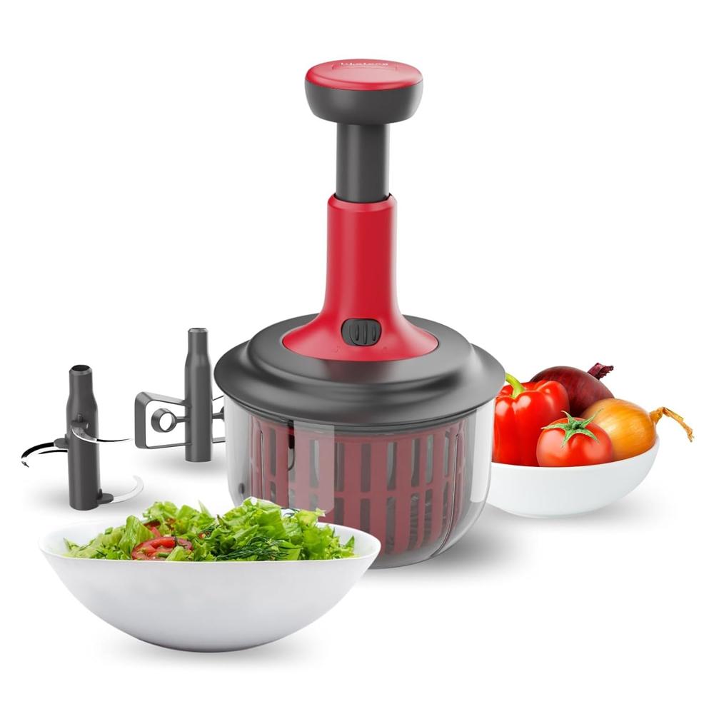 Lifelong Push Chopper 1600ml With Whisker & Salad Spinner | Versatile Multi-purpose Vegetable, Onion, And Garlic Chopper, Essential Manual Kitchen(llkt005) - Color: Red