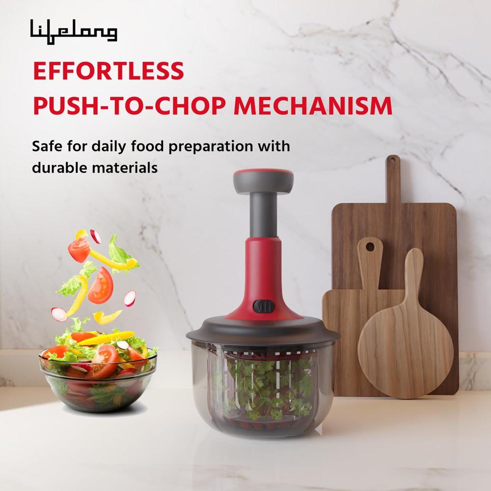 Lifelong Push Chopper 1600ml with Whisker & Salad Spinner | Versatile Multi-Purpose Vegetable, Onion, and Garlic Chopper, Essential Manual Kitchen(LLKT005)