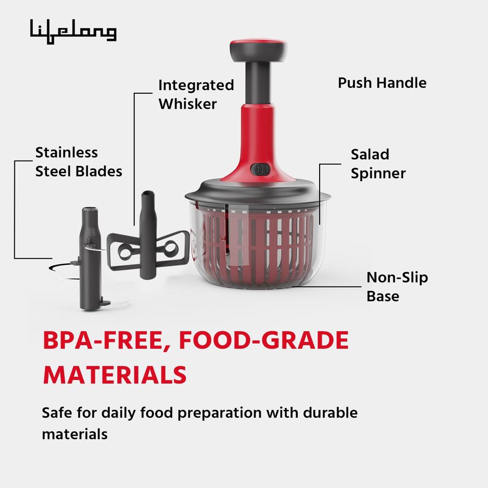 Lifelong Push Chopper 1600ml with Whisker & Salad Spinner | Versatile Multi-Purpose Vegetable, Onion, and Garlic Chopper, Essential Manual Kitchen(LLKT005)