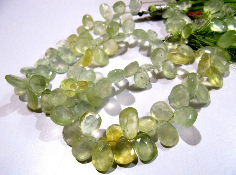 Natural Prehnite Faceted Pear Shape Beads / Flat Drop Shape approx. 7x12mm Size Prehnite Beads Strand 8 inch long