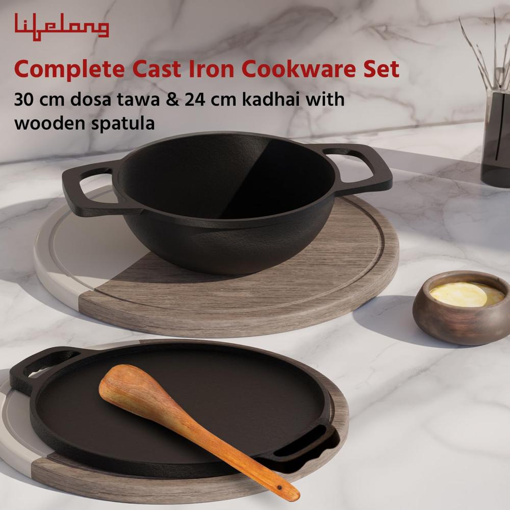 Lifelong Cast Iron Dosa Tawa & Kadai with Wooden Spatula for Dosa,Uttapam & Chapati|30 cm Tawa & 24 cm Kadhai|Pre(LLCIC001)