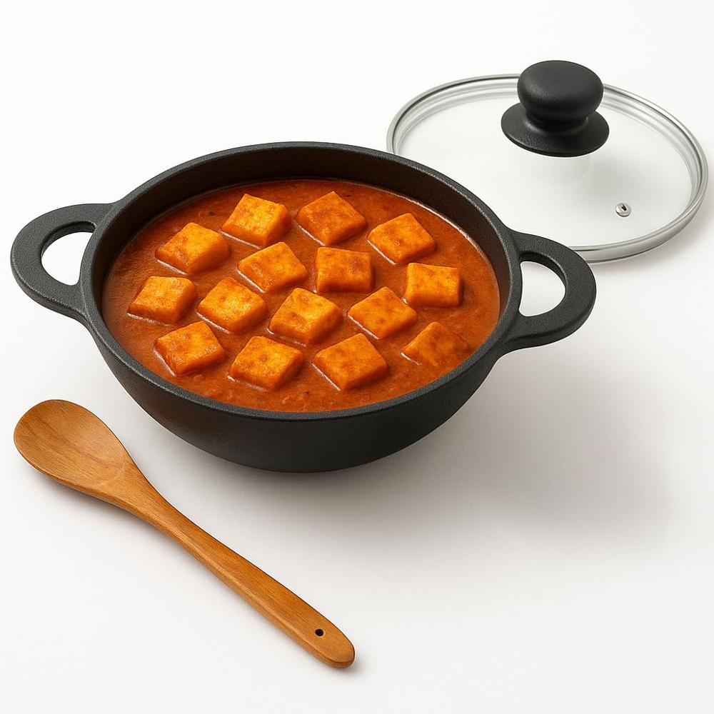 Lifelong Cast Iron Kadhai 24cm with Glass Lid & Wooden Spatula | 3.3L, 2.4kg | Pre-Seasoned, Even Heat Distribution, Toxin &(LLCIK004)