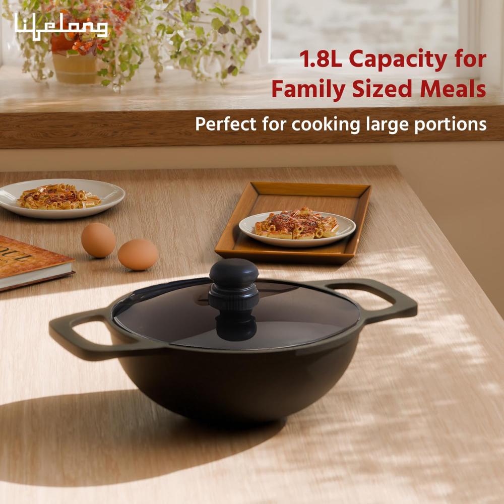 Lifelong Cast Iron Kadhai 24cm with Glass Lid & Wooden Spatula | 3.3L, 2.4kg | Pre-Seasoned, Even Heat Distribution, Toxin &(LLCIK004)