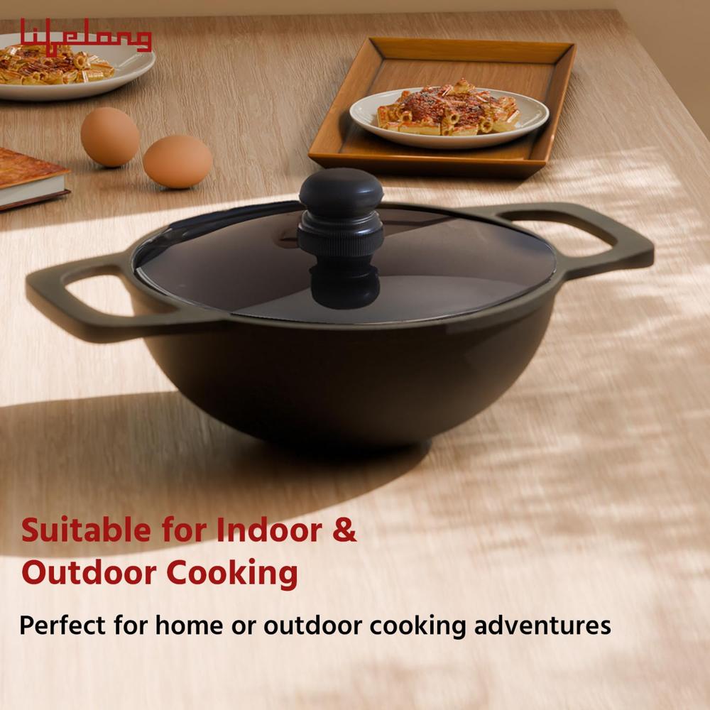Lifelong Cast Iron Kadhai 24cm with Glass Lid & Wooden Spatula | 3.3L, 2.4kg | Pre-Seasoned, Even Heat Distribution, Toxin &(LLCIK004)