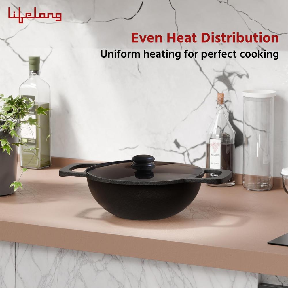 Lifelong Cast Iron Kadhai 24cm with Glass Lid & Wooden Spatula | 3.3L, 2.4kg | Pre-Seasoned, Even Heat Distribution, Toxin &(LLCIK004)