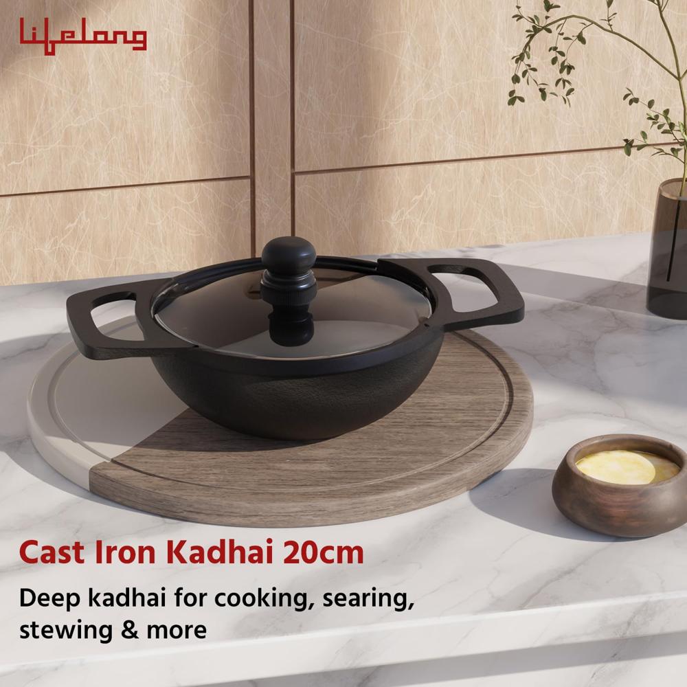 Lifelong Cast Iron Kadhai 24cm with Glass Lid & Wooden Spatula | 3.3L, 2.4kg | Pre-Seasoned, Even Heat Distribution, Toxin &(LLCIK004)