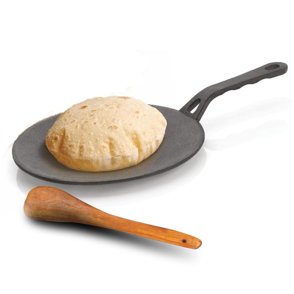 Lifelong Cast Iron Roti Tawa with Wooden Spatula for Dosa, Chapati | 25.5 cm, 2kg | Pre Seasoned Non-Toxic, Non-Stick & Teflon Free, Durable | Roti Tawa &(LLCIRT007)