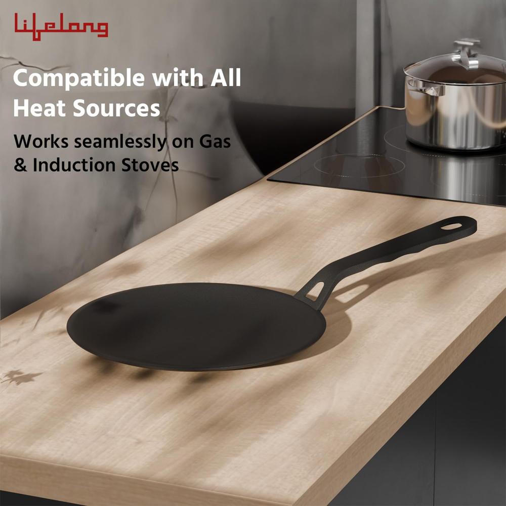 Lifelong Cast Iron Roti Tawa with Wooden Spatula for Dosa, Chapati | 25.5 cm, 2kg | Pre Seasoned Non-Toxic, Non-Stick & Teflon Free, Durable | Roti Tawa &(LLCIRT007)