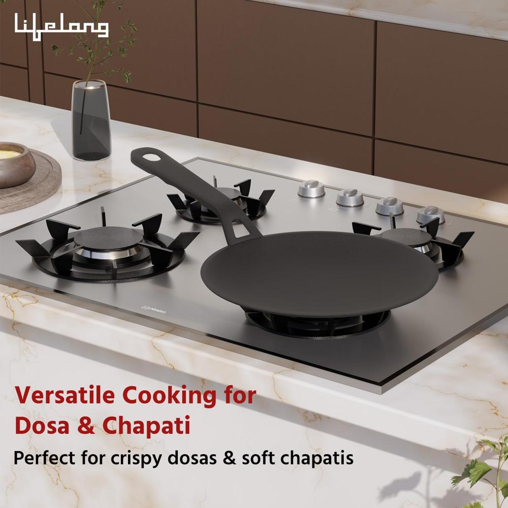 Lifelong Cast Iron Roti Tawa with Wooden Spatula for Dosa, Chapati | 25.5 cm, 2kg | Pre Seasoned Non-Toxic, Non-Stick & Teflon Free, Durable | Roti Tawa &(LLCIRT007)