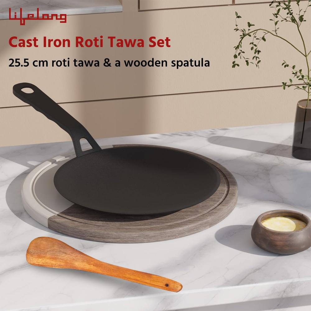Lifelong Cast Iron Roti Tawa with Wooden Spatula for Dosa, Chapati | 25.5 cm, 2kg | Pre Seasoned Non-Toxic, Non-Stick & Teflon Free, Durable | Roti Tawa &(LLCIRT007)