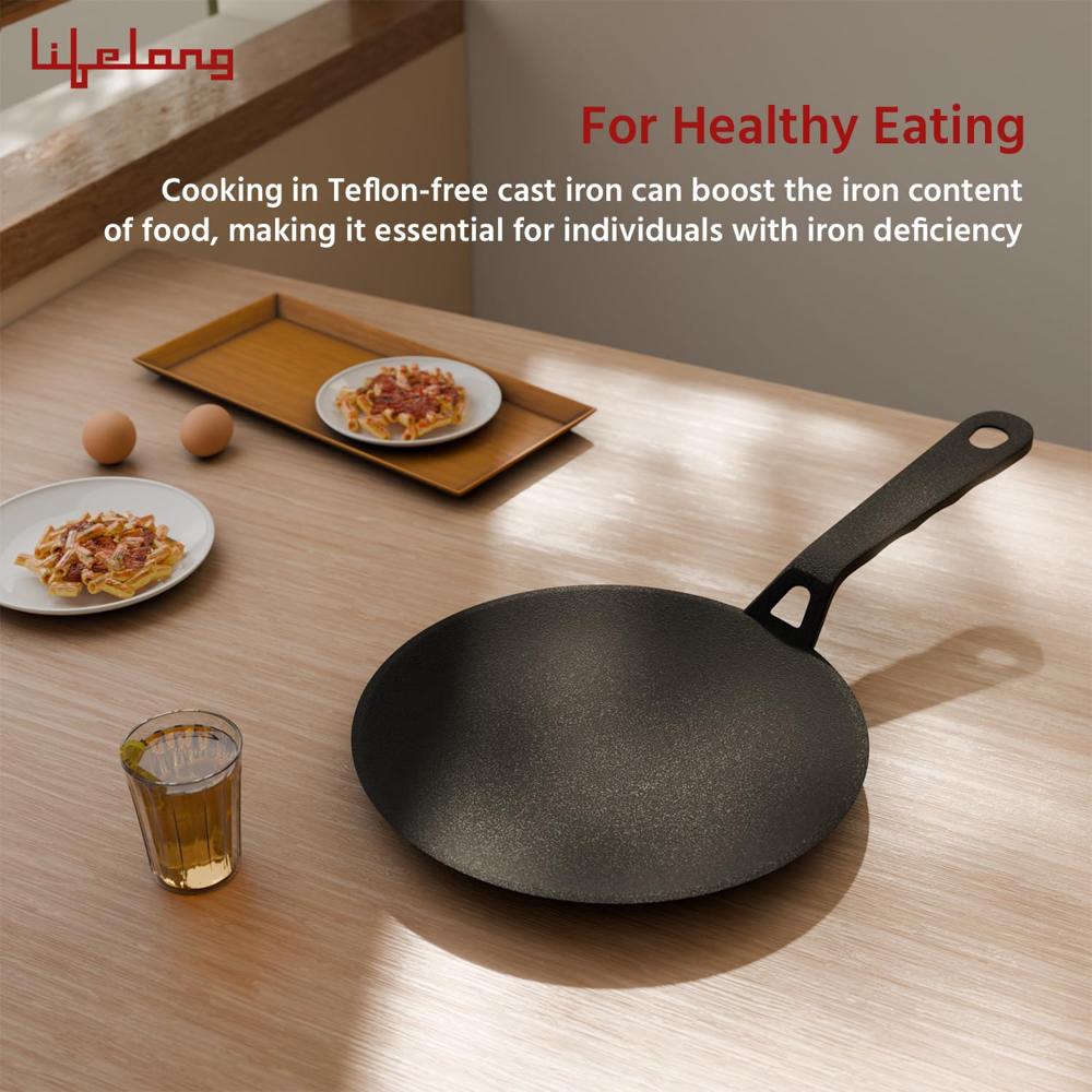 Lifelong Cast Iron Roti Tawa with Wooden Spatula for Dosa, Chapati | 25.5 cm, 2kg | Pre Seasoned Non-Toxic, Non-Stick & Teflon Free, Durable | Roti Tawa &(LLCIRT007)
