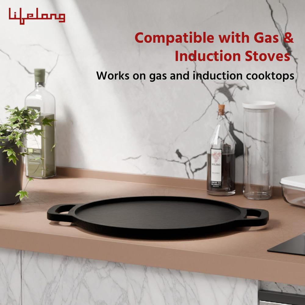 Lifelong Cast Iron Dosa Tawa with Wooden Spatula for Dosa, Uttapam & Chapati | 30 cm, 2.5kg | Tawa & Spatula Set | Pre Seasoned, Non-Toxic, Non(LLCIT006)