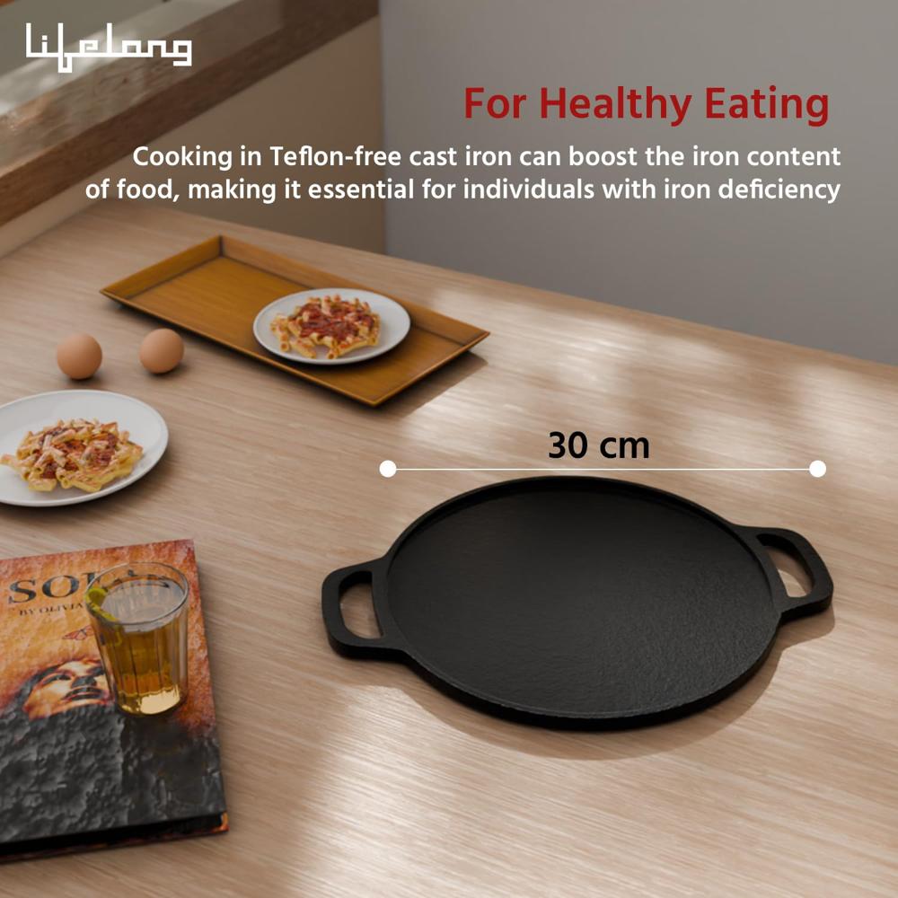 Lifelong Cast Iron Dosa Tawa with Wooden Spatula for Dosa, Uttapam & Chapati | 30 cm, 2.5kg | Tawa & Spatula Set | Pre Seasoned, Non-Toxic, Non(LLCIT006)