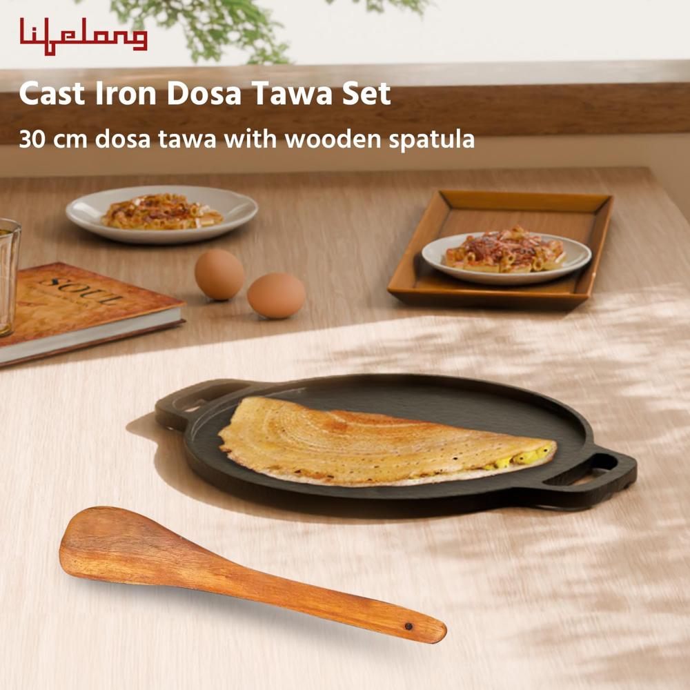 Lifelong Cast Iron Dosa Tawa with Wooden Spatula for Dosa, Uttapam & Chapati | 30 cm, 2.5kg | Tawa & Spatula Set | Pre Seasoned, Non-Toxic, Non(LLCIT006)