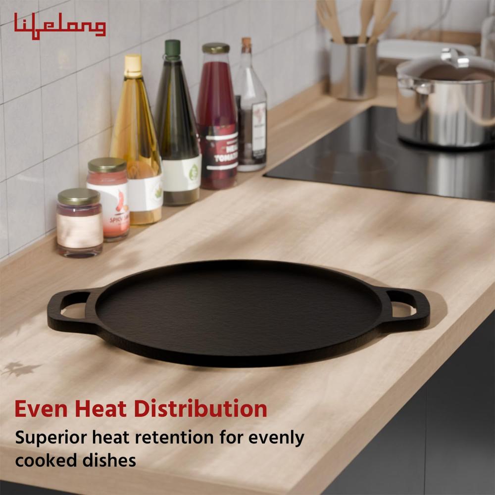 Lifelong Cast Iron Dosa Tawa with Wooden Spatula for Dosa, Uttapam & Chapati | 30 cm, 2.5kg | Tawa & Spatula Set | Pre Seasoned, Non-Toxic, Non(LLCIT006)