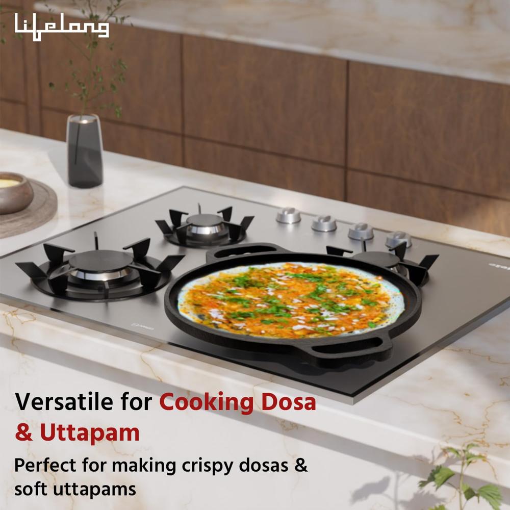 Lifelong Cast Iron Dosa Tawa with Wooden Spatula for Dosa, Uttapam & Chapati | 30 cm, 2.5kg | Tawa & Spatula Set | Pre Seasoned, Non-Toxic, Non(LLCIT006)