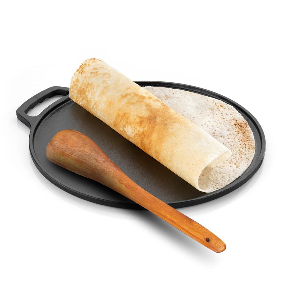 Lifelong Cast Iron Dosa Tawa With Wooden Spatula For Dosa, Uttapam & Chapati | 26 Cm, 1.85 Kg | Tawa & Spatula Set | Pre Seasoned, Non-toxic, No(llcit005) - Color: Black