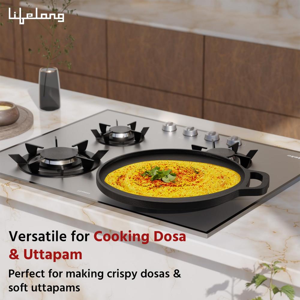 Lifelong Cast Iron Dosa Tawa with Wooden Spatula for Dosa, Uttapam & Chapati | 26 cm, 1.85 kg | Tawa & Spatula Set | Pre Seasoned, Non-Toxic, No(LLCIT005)