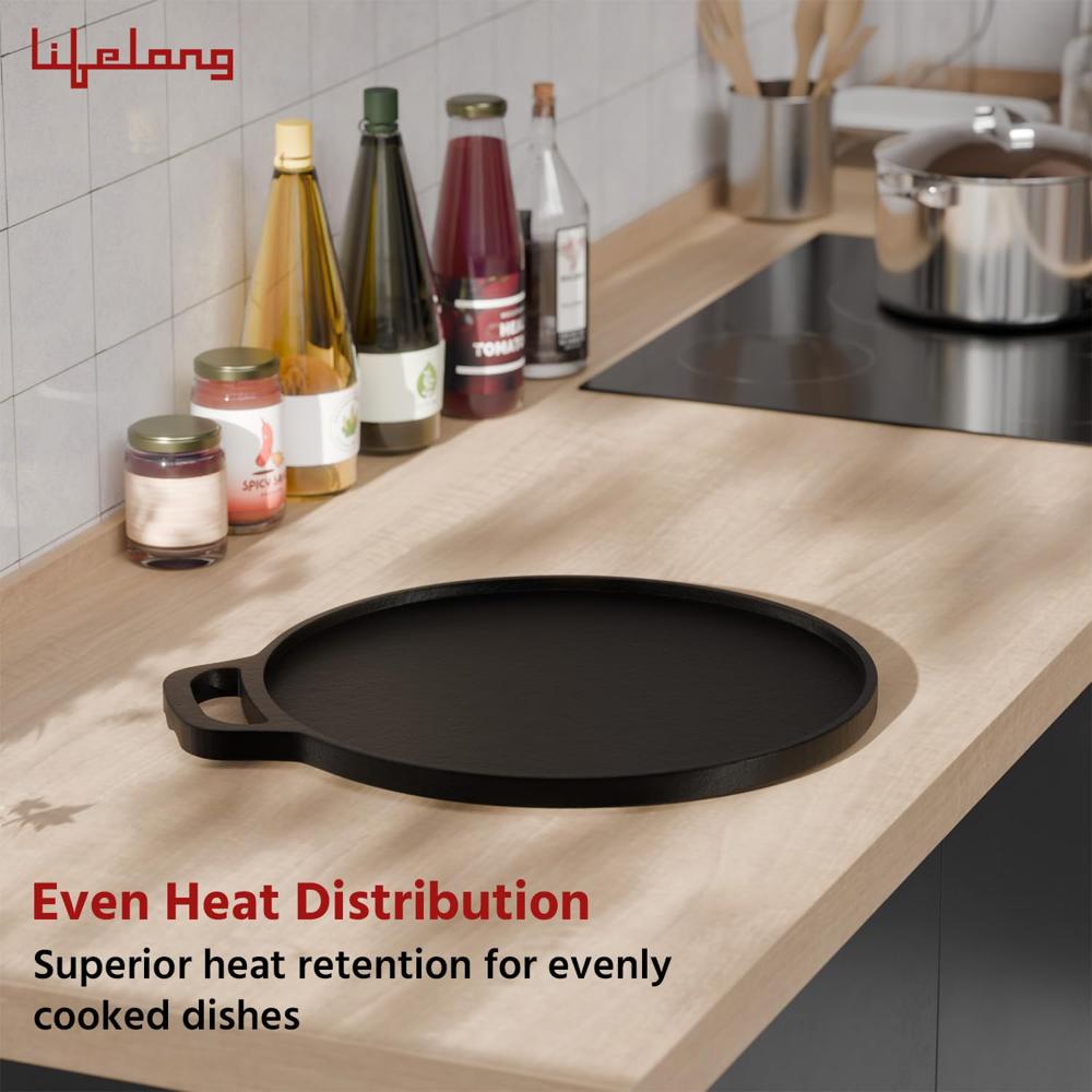 Lifelong Cast Iron Dosa Tawa with Wooden Spatula for Dosa, Uttapam & Chapati | 26 cm, 1.85 kg | Tawa & Spatula Set | Pre Seasoned, Non-Toxic, No(LLCIT005)