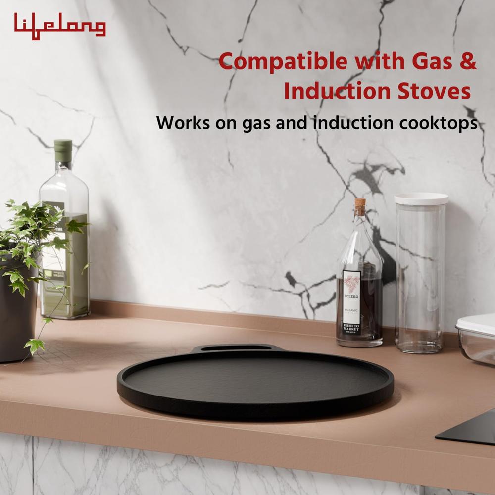 Lifelong Cast Iron Dosa Tawa with Wooden Spatula for Dosa, Uttapam & Chapati | 26 cm, 1.85 kg | Tawa & Spatula Set | Pre Seasoned, Non-Toxic, No(LLCIT005)