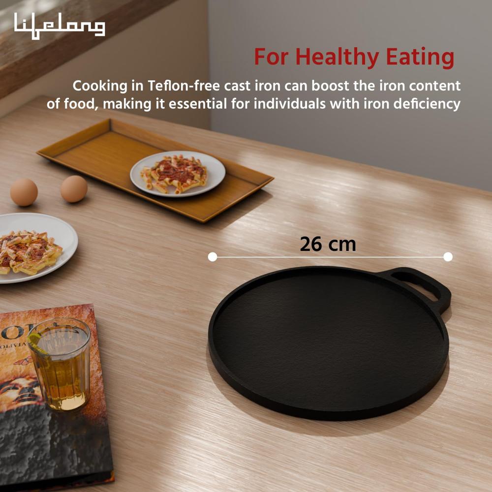 Lifelong Cast Iron Dosa Tawa with Wooden Spatula for Dosa, Uttapam & Chapati | 26 cm, 1.85 kg | Tawa & Spatula Set | Pre Seasoned, Non-Toxic, No(LLCIT005)