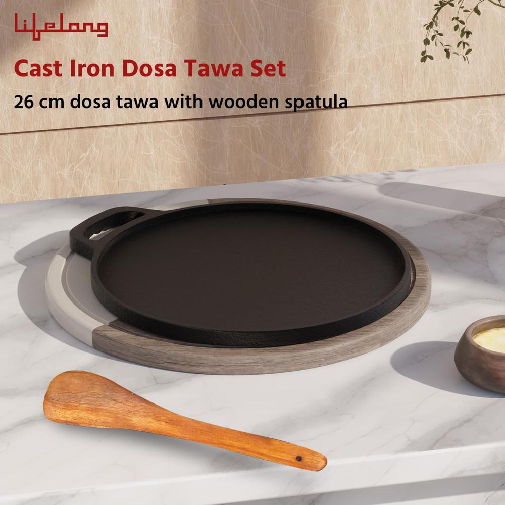 Lifelong Cast Iron Dosa Tawa with Wooden Spatula for Dosa, Uttapam & Chapati | 26 cm, 1.85 kg | Tawa & Spatula Set | Pre Seasoned, Non-Toxic, No(LLCIT005)