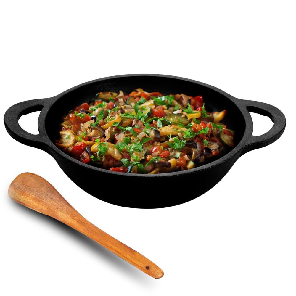 Lifelong Cast Iron Kadhai 24cm with Wooden Spatula | 3.3L, 2.4kg | Pre-Seasoned with Even Heat Distribution, Toxin & Teflon Free, Non-(LLCIK002)