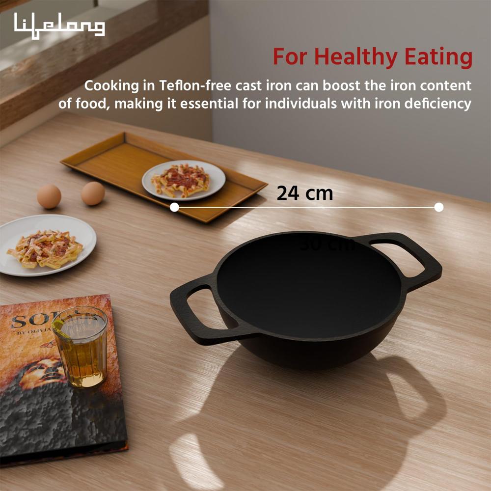 Lifelong Cast Iron Kadhai 24cm with Wooden Spatula | 3.3L, 2.4kg | Pre-Seasoned with Even Heat Distribution, Toxin & Teflon Free, Non-(LLCIK002)