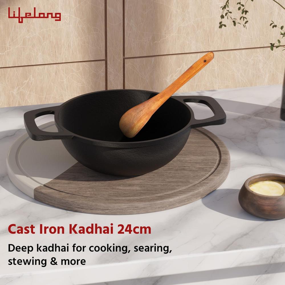 Lifelong Cast Iron Kadhai 24cm with Wooden Spatula | 3.3L, 2.4kg | Pre-Seasoned with Even Heat Distribution, Toxin & Teflon Free, Non-(LLCIK002)