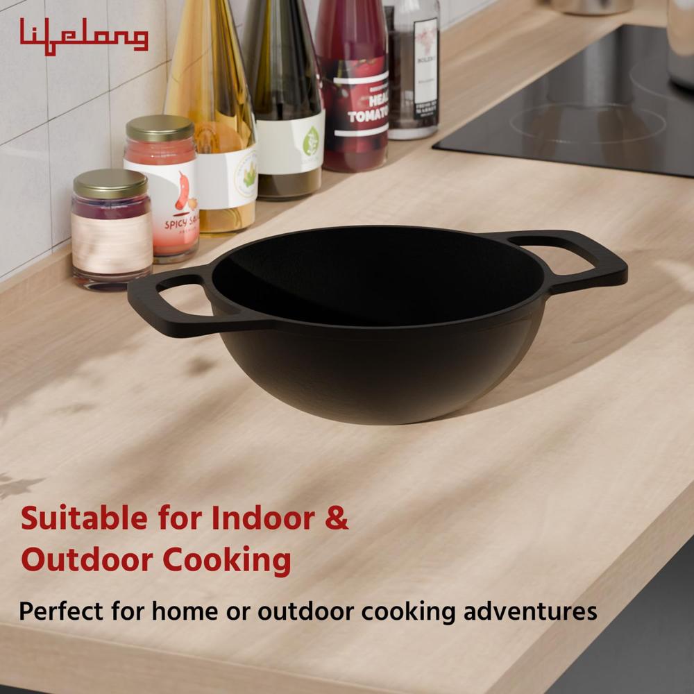Lifelong Cast Iron Kadhai 24cm with Wooden Spatula | 3.3L, 2.4kg | Pre-Seasoned with Even Heat Distribution, Toxin & Teflon Free, Non-(LLCIK002)