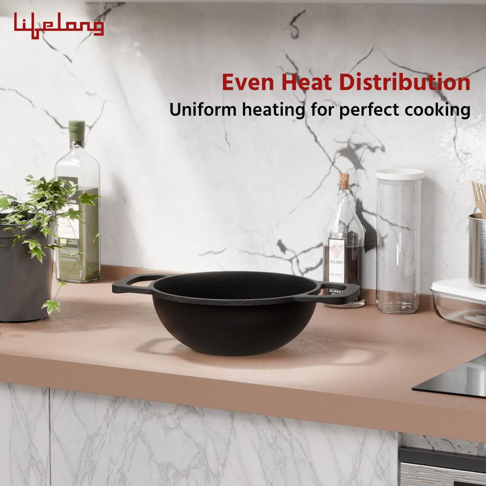 Lifelong Cast Iron Kadhai 24cm with Wooden Spatula | 3.3L, 2.4kg | Pre-Seasoned with Even Heat Distribution, Toxin & Teflon Free, Non-(LLCIK002)