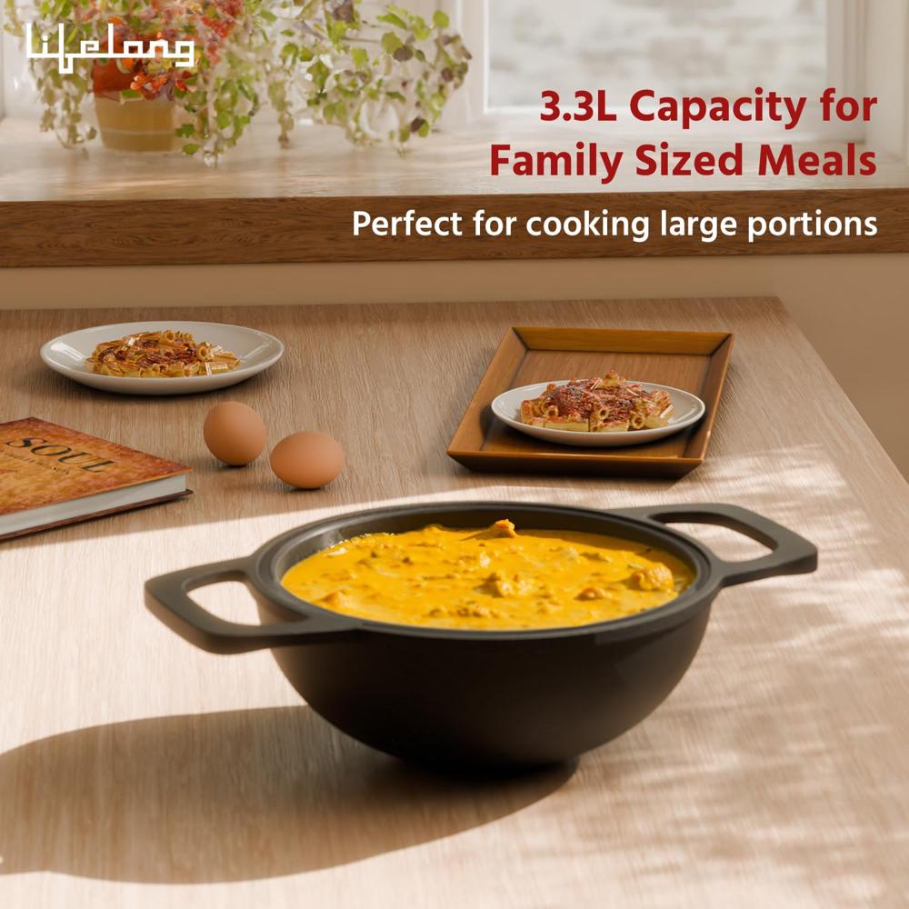 Lifelong Cast Iron Kadhai 24cm with Wooden Spatula | 3.3L, 2.4kg | Pre-Seasoned with Even Heat Distribution, Toxin & Teflon Free, Non-(LLCIK002)
