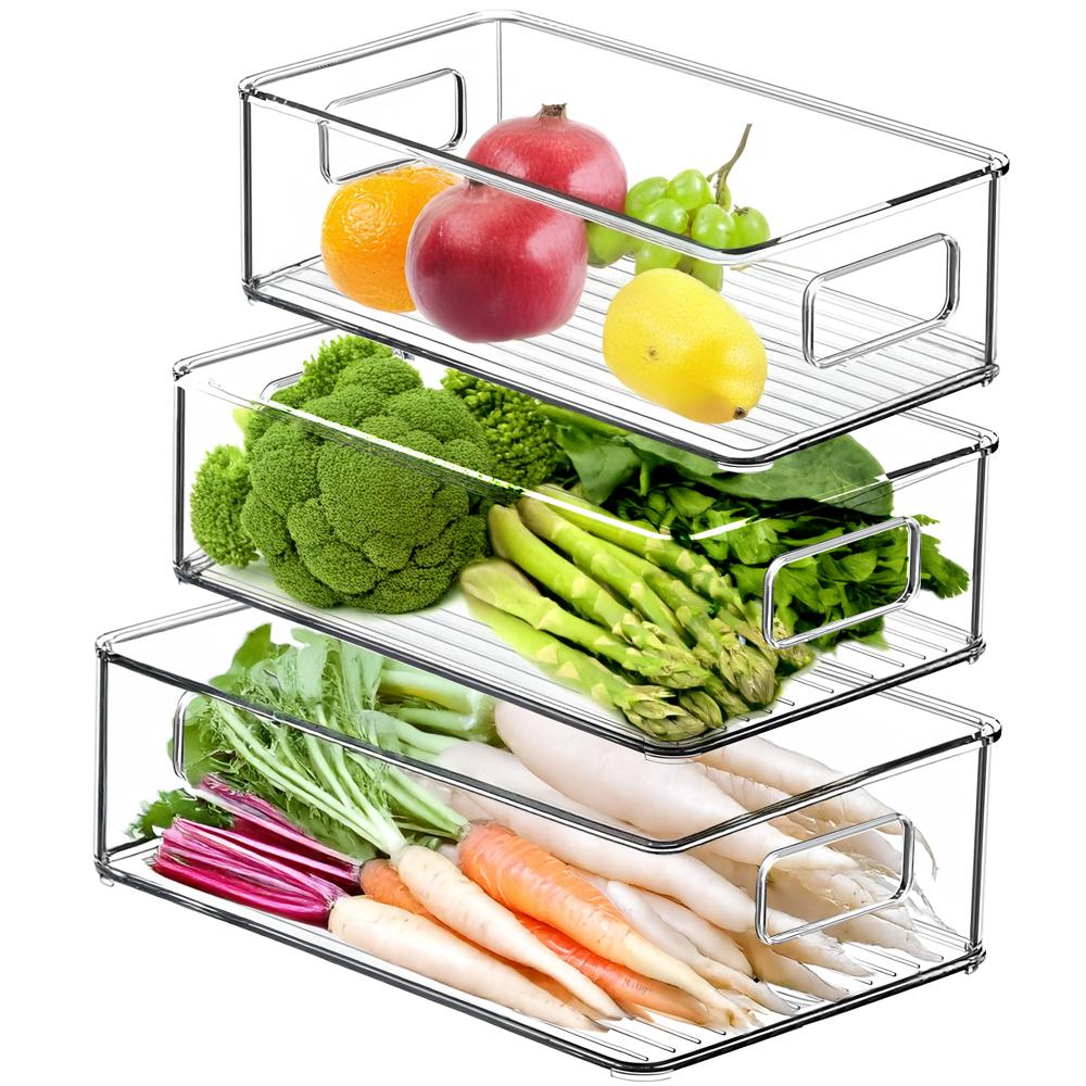 Prime Pick Stackable Food Storage Containers with Handles Acrylic Fridge Organizers Set Of 3
