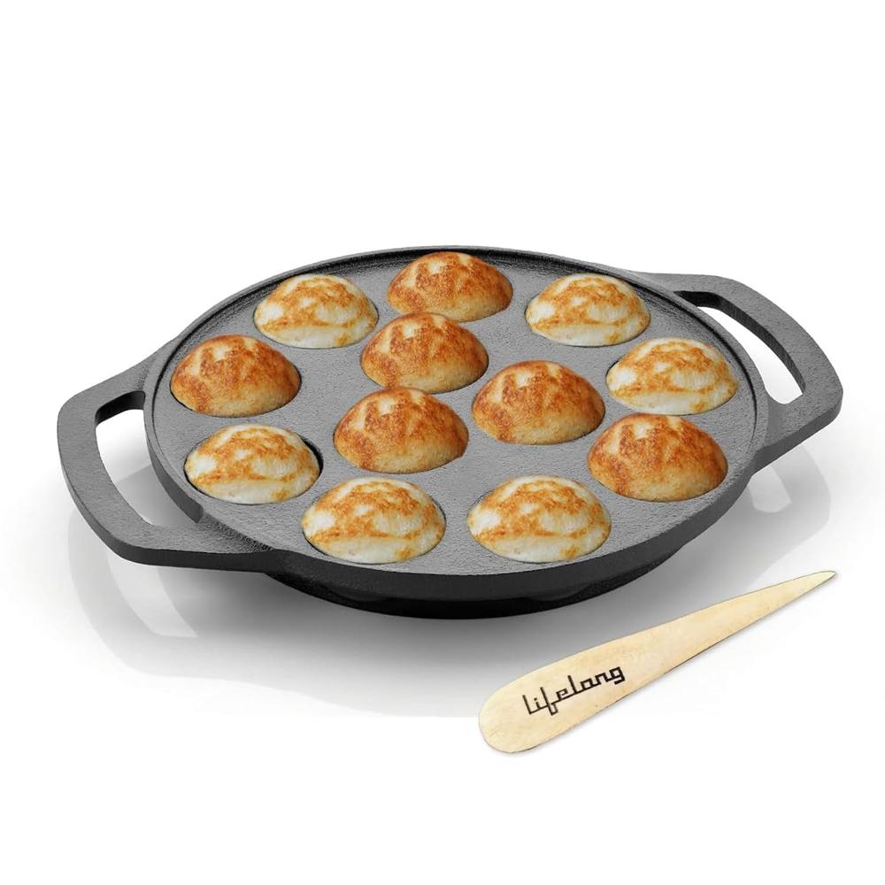 Lifelong Cast Iron Paniyaram Pan 12 Pits | 25 ml Pit Capacity per Cavity | 2 kg | Pre-Seasoned Appam Pan, Unniyappam Chatty, Paddu Maker | Large Non-(LLCIP011)