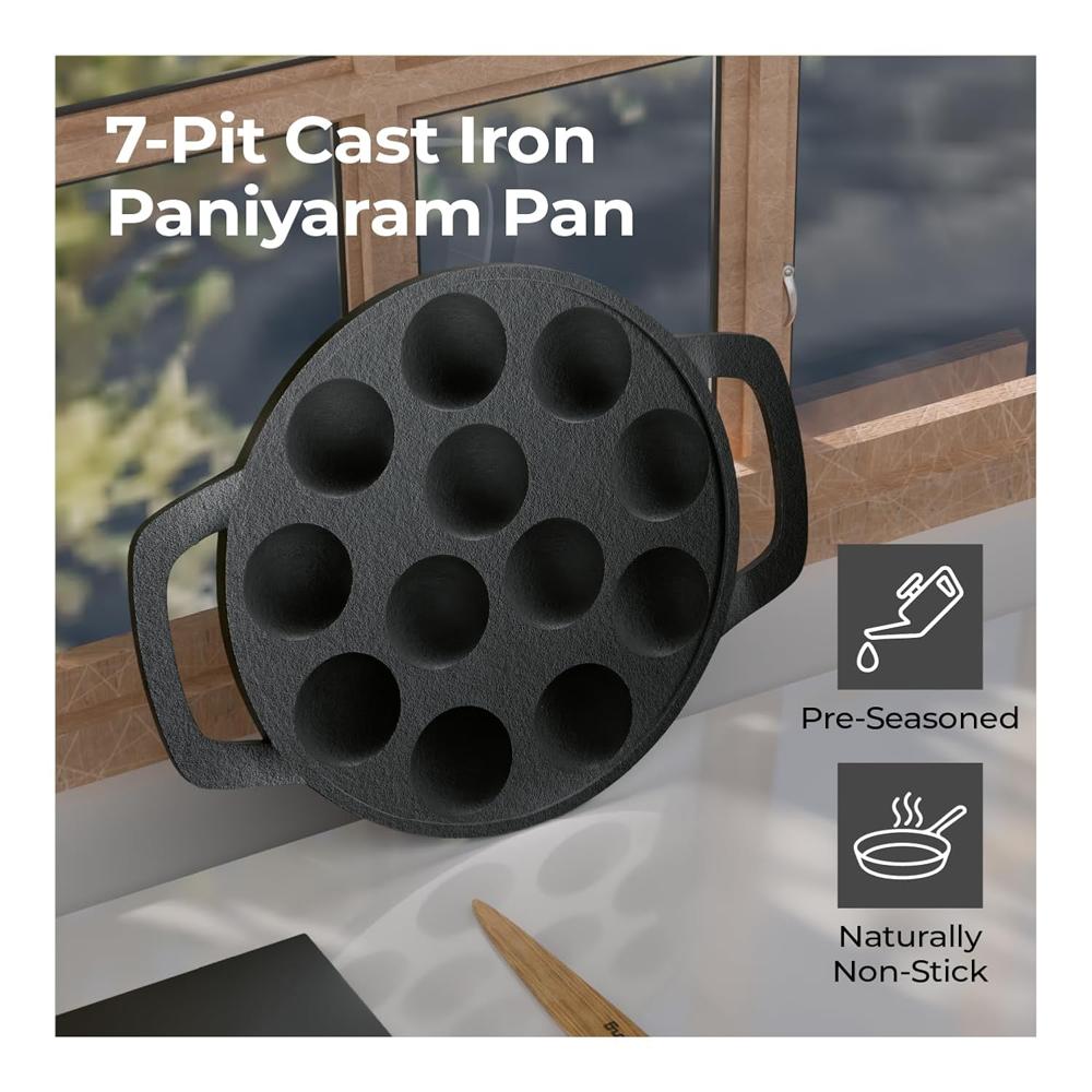 Lifelong Cast Iron Paniyaram Pan 12 Pits | 25 ml Pit Capacity per Cavity | 2 kg | Pre-Seasoned Appam Pan, Unniyappam Chatty, Paddu Maker | Large Non-(LLCIP011)