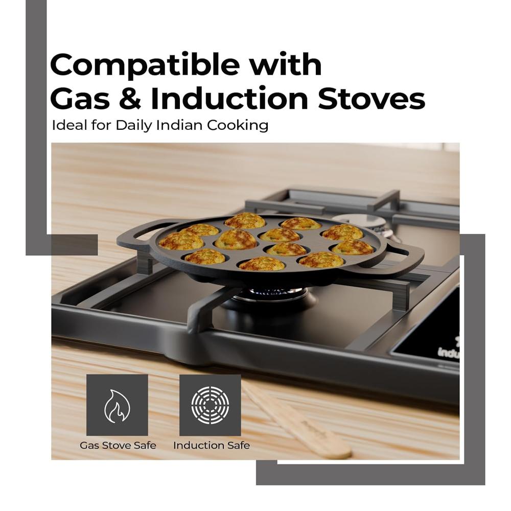 Lifelong Cast Iron Paniyaram Pan 12 Pits | 25 ml Pit Capacity per Cavity | 2 kg | Pre-Seasoned Appam Pan, Unniyappam Chatty, Paddu Maker | Large Non-(LLCIP011)