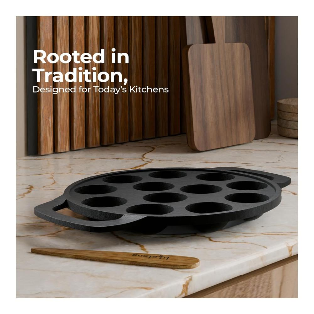 Lifelong Cast Iron Paniyaram Pan 12 Pits | 25 ml Pit Capacity per Cavity | 2 kg | Pre-Seasoned Appam Pan, Unniyappam Chatty, Paddu Maker | Large Non-(LLCIP011)