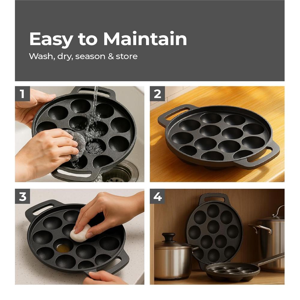 Lifelong Cast Iron Paniyaram Pan 12 Pits | 25 ml Pit Capacity per Cavity | 2 kg | Pre-Seasoned Appam Pan, Unniyappam Chatty, Paddu Maker | Large Non-(LLCIP011)