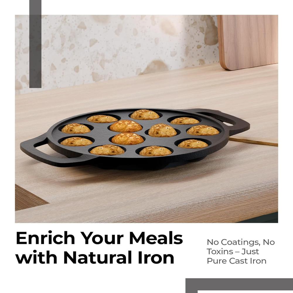 Lifelong Cast Iron Paniyaram Pan 12 Pits | 25 ml Pit Capacity per Cavity | 2 kg | Pre-Seasoned Appam Pan, Unniyappam Chatty, Paddu Maker | Large Non-(LLCIP011)