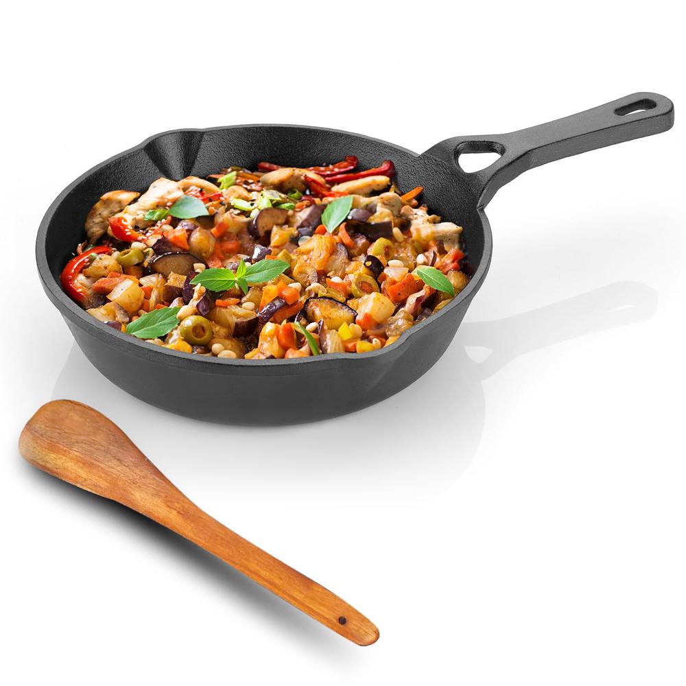 Lifelong Cast Iron Fry Pan 8 Inch (200mm) with Wooden Spatula | 2Ltr, 1.75kg Pan | Non-Stick Pre-Seasoned 100% Toxin & Teflon Free & Durable(LLCIFP009)