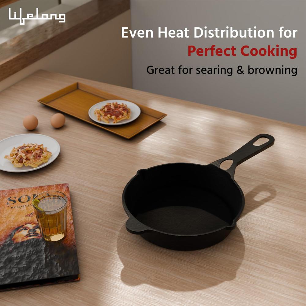 Lifelong Cast Iron Fry Pan 8 Inch (200mm) with Wooden Spatula | 2Ltr, 1.75kg Pan | Non-Stick Pre-Seasoned 100% Toxin & Teflon Free & Durable(LLCIFP009)