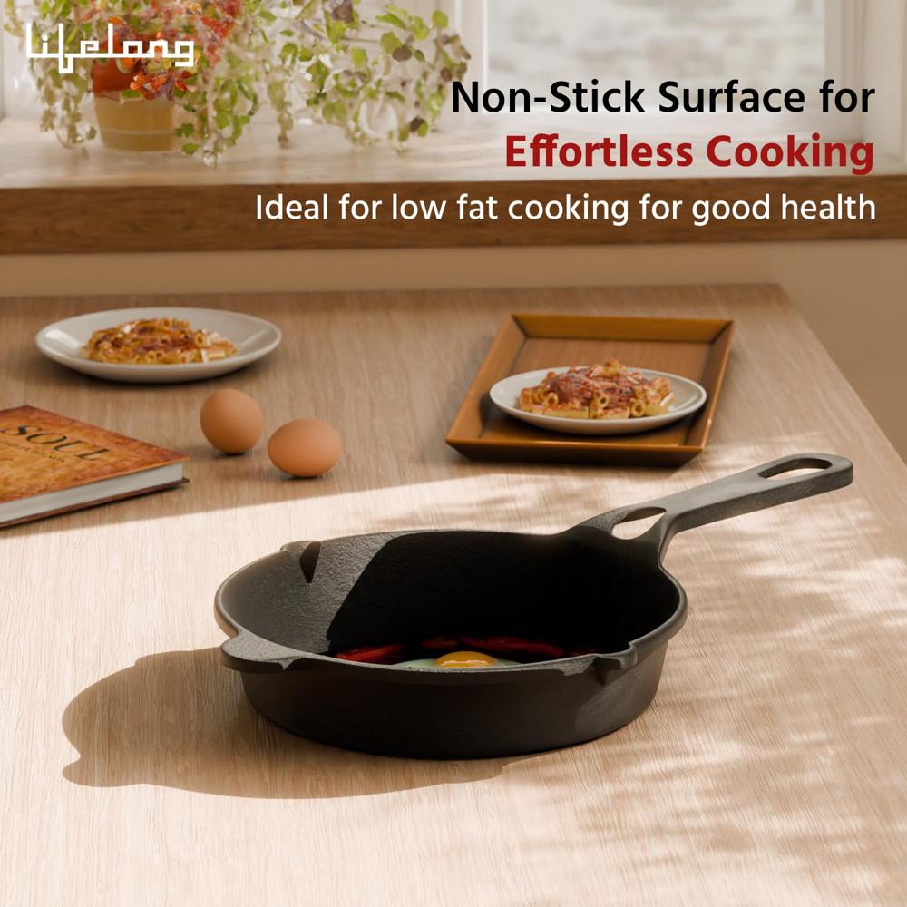 Lifelong Cast Iron Fry Pan 8 Inch (200mm) with Wooden Spatula | 2Ltr, 1.75kg Pan | Non-Stick Pre-Seasoned 100% Toxin & Teflon Free & Durable(LLCIFP009)