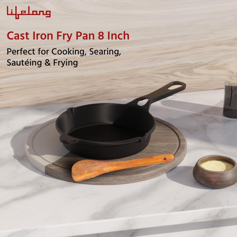 Lifelong Cast Iron Fry Pan 8 Inch (200mm) with Wooden Spatula | 2Ltr, 1.75kg Pan | Non-Stick Pre-Seasoned 100% Toxin & Teflon Free & Durable(LLCIFP009)