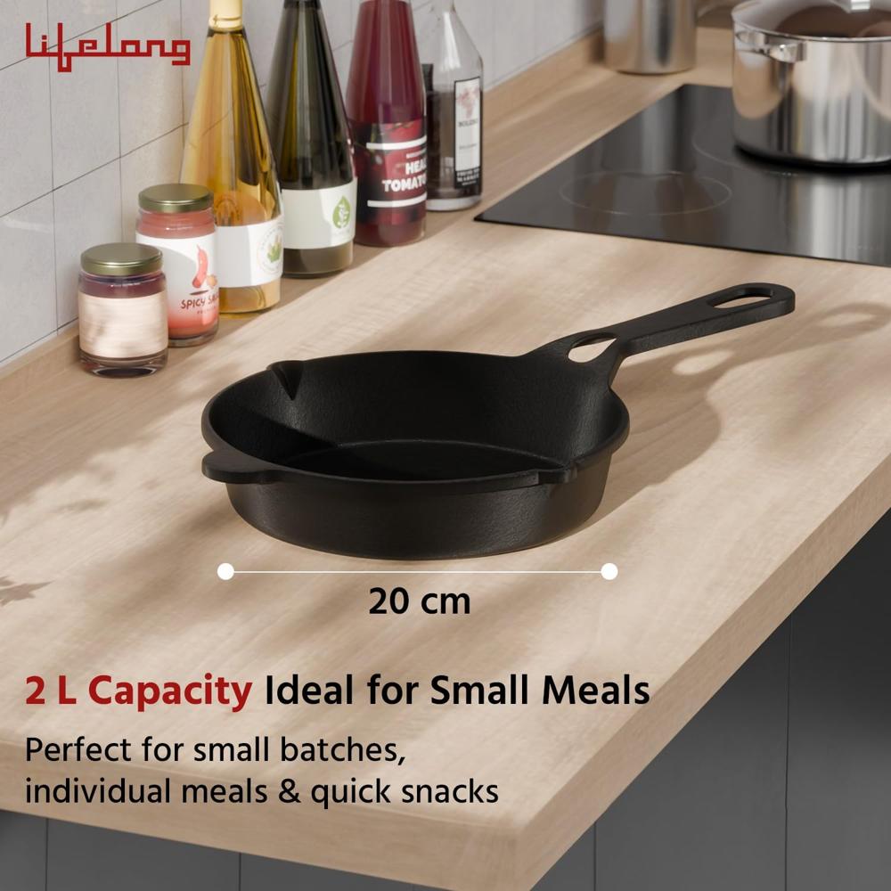 Lifelong Cast Iron Fry Pan 10 Inch with Wooden Spatula | 2.5Ltr, 2.5kg Pan | Non-Stick Pre-Seasoned 100% Toxin & Teflon Free & Durable (LLCIFP010)