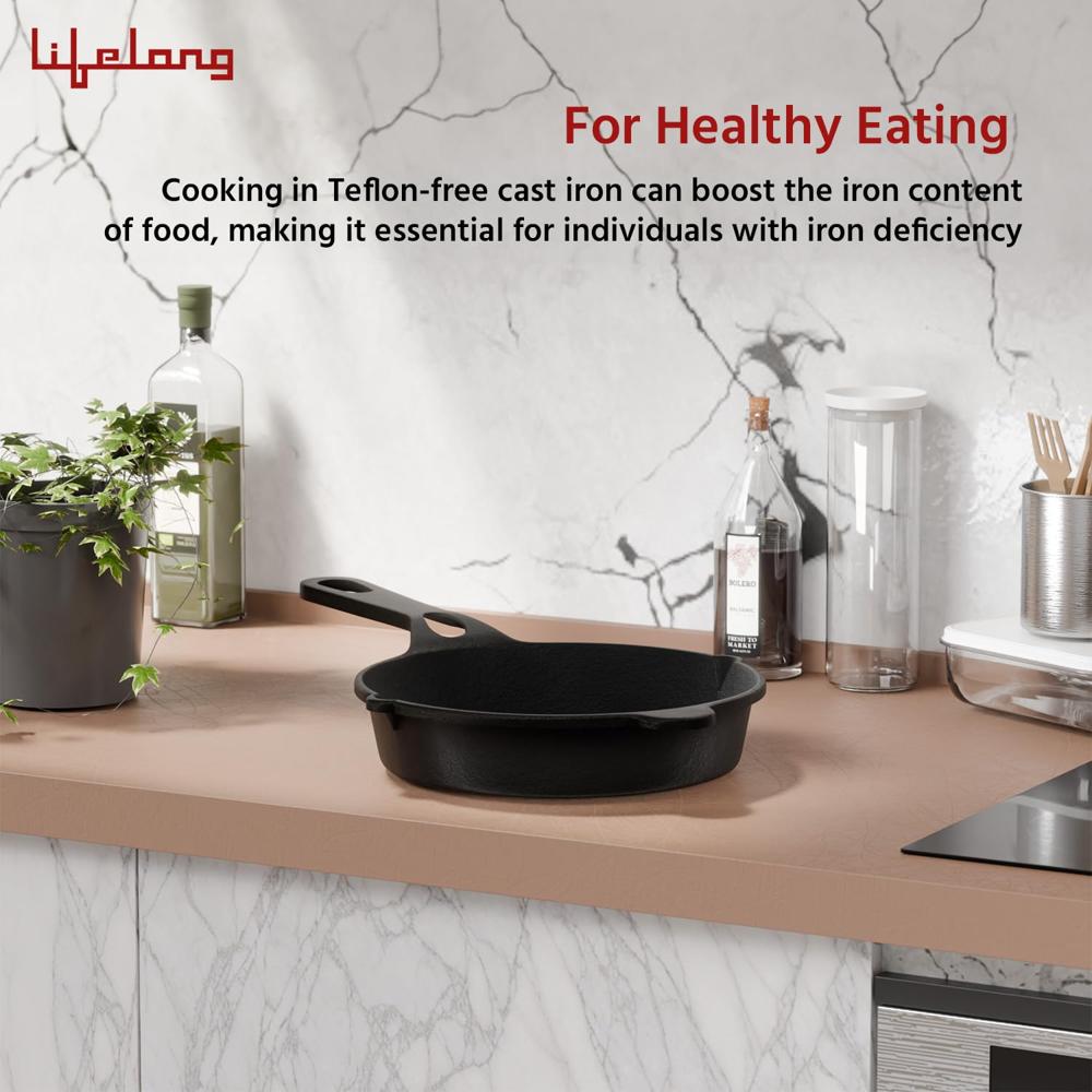 Lifelong Cast Iron Fry Pan 10 Inch with Wooden Spatula | 2.5Ltr, 2.5kg Pan | Non-Stick Pre-Seasoned 100% Toxin & Teflon Free & Durable (LLCIFP010)