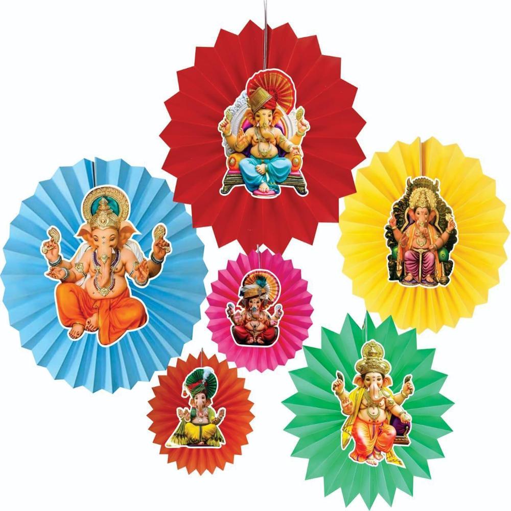 Paper Fan For Ganpati Decoration - Color: Multicolor